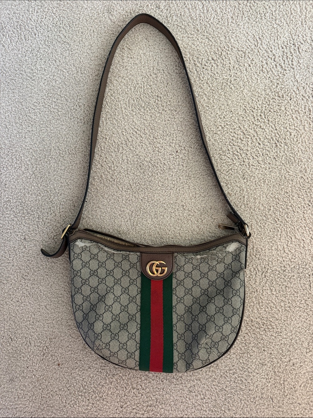 Gucci Beige GG Supreme Shoulder Bag with Green and Red Stripe